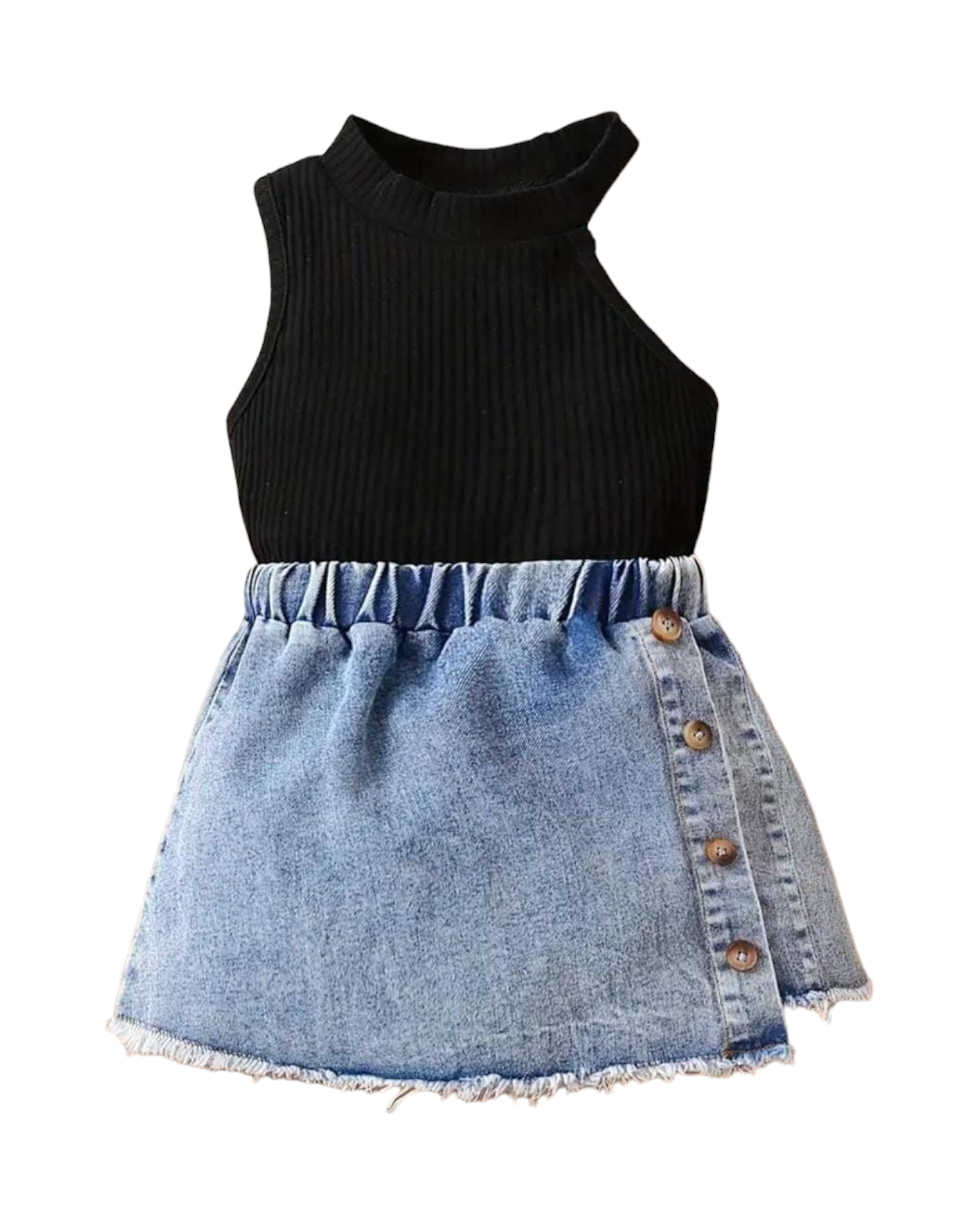 Ropa para niña, falda en jean con botones y blusa negra hombros descubiertos