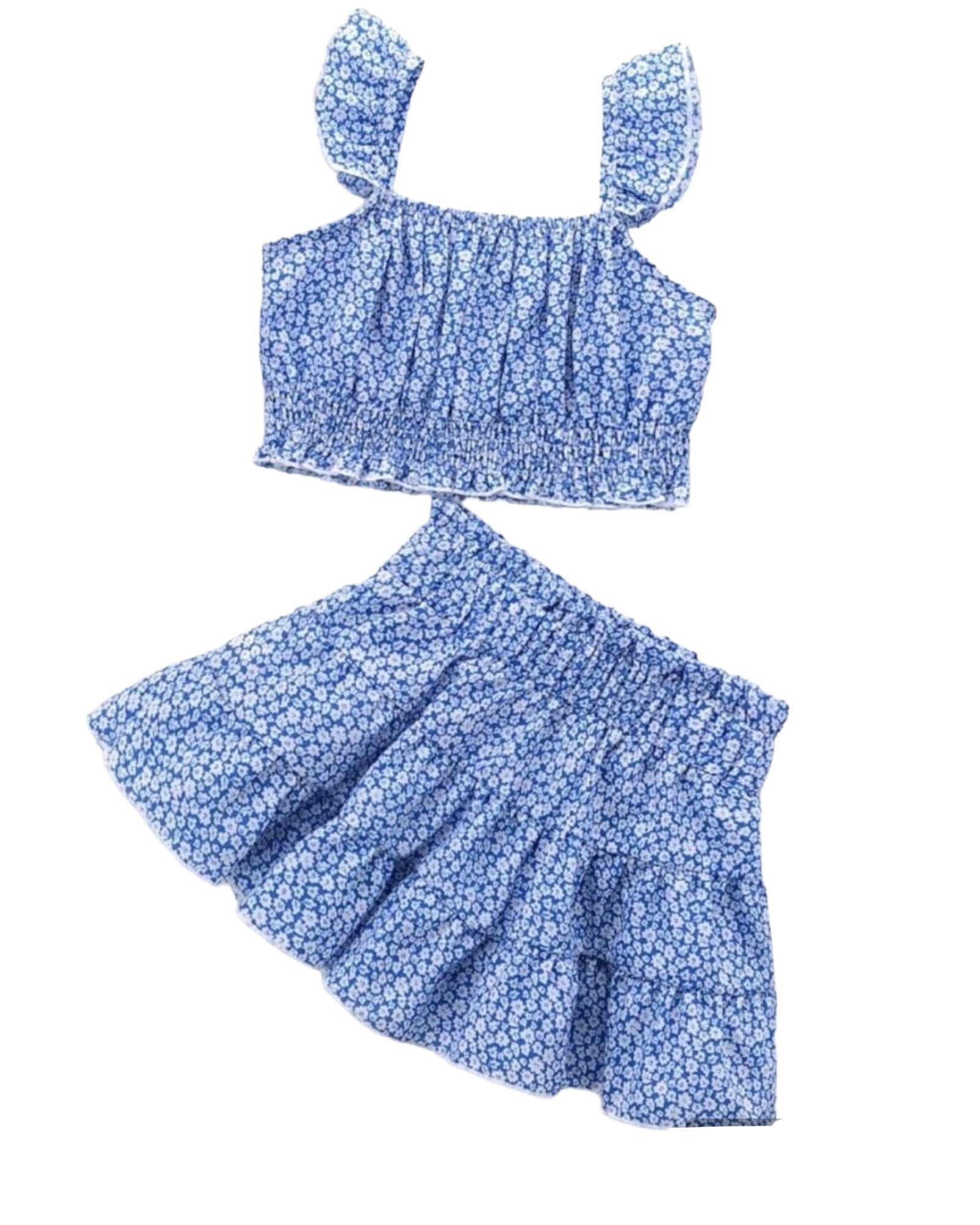 Conjunto azul falda y top con florecitas